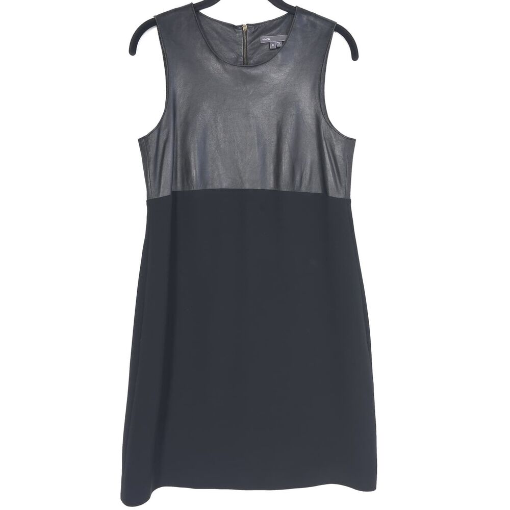 VINCE Women's Leather Silk Shift Dress 6 Black Sleeveless Crew Neck V072650195